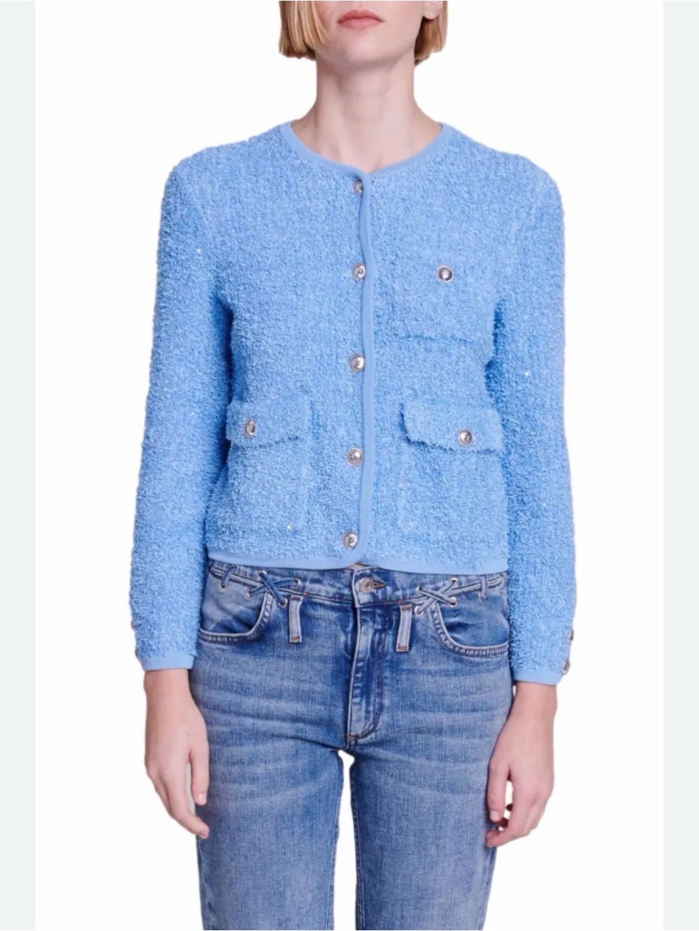 Maje New with Tags Light Blue Sequins Moscoli Tweed Jacket Size 2 US